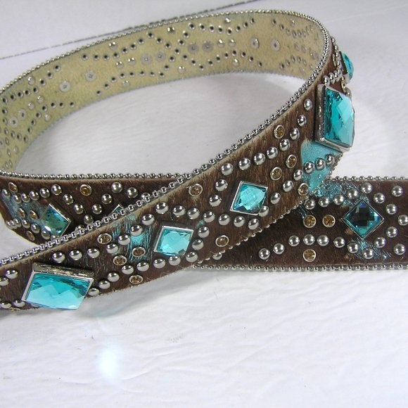ANGEL RANCH CALF HAIR LEATHER BELT SIZE XL STUDS FAUX GEMS - Picture 2 of 16